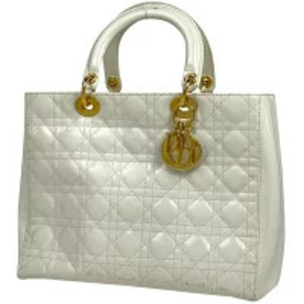 Christian Dior Lady Cannage Shoulder Bag Handbag Patent Vernis Leather White